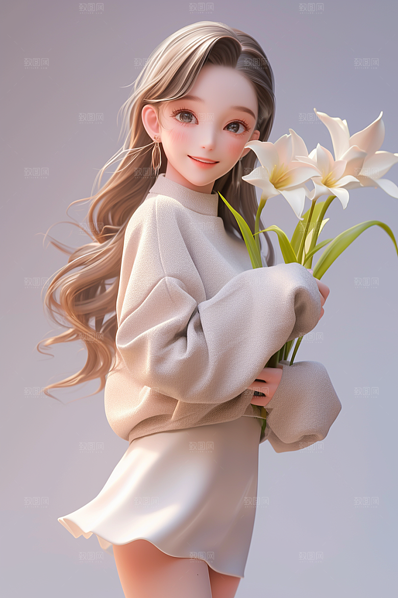 手捧鲜花的少女春天立体素材