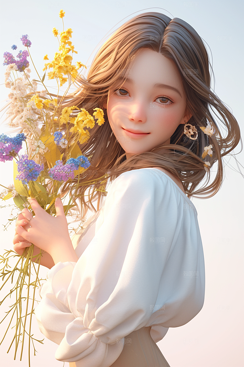 手捧鲜花的少女飞舞的裙摆模型素材