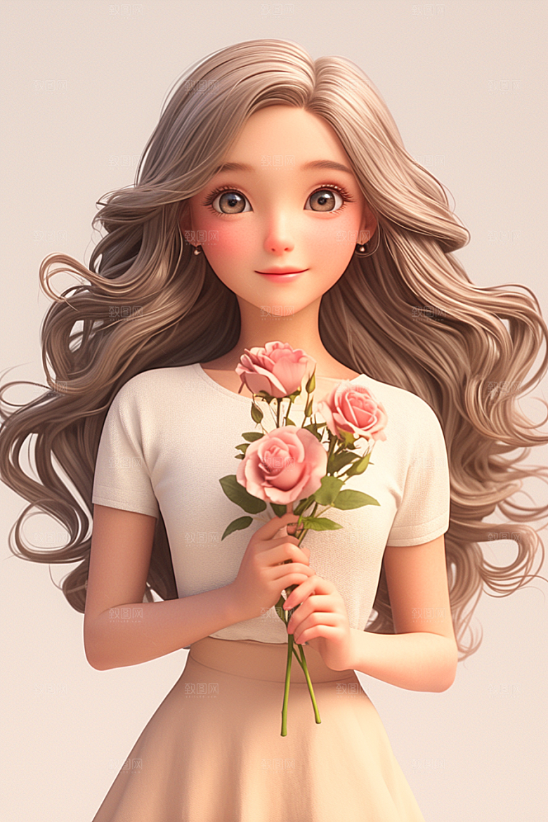 手捧鲜花的少女唯美自然素材