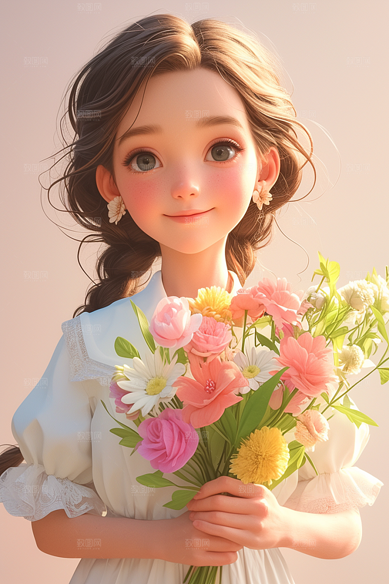 手捧鲜花的少女3D梦幻素材