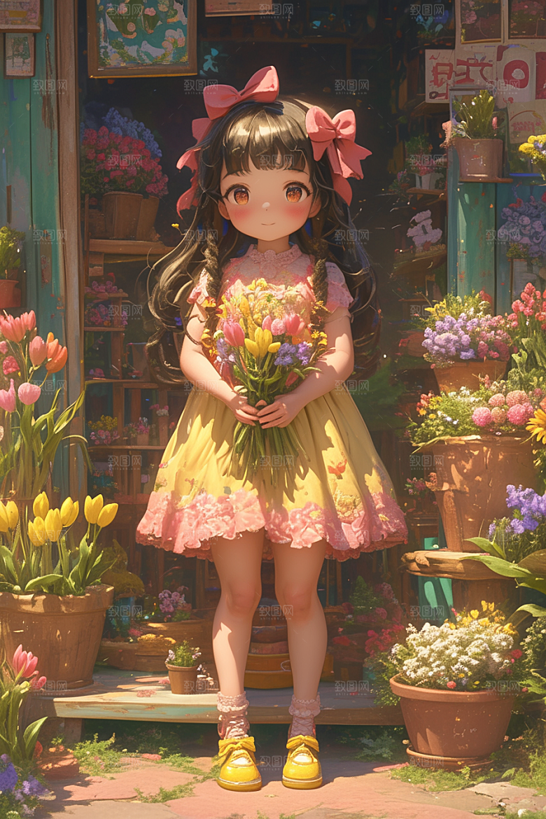 手捧鲜花的少女青春立体素材