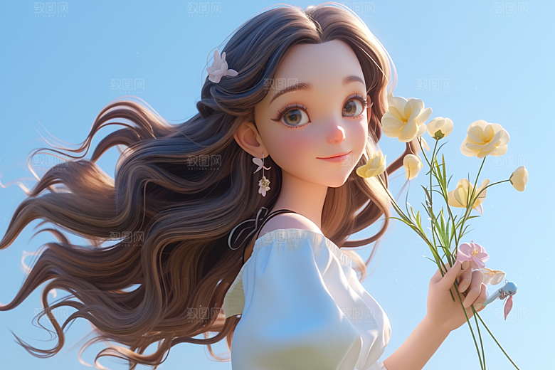 手捧鲜花的少女自然人物素材