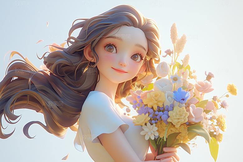 手捧鲜花的少女自然春天素材
