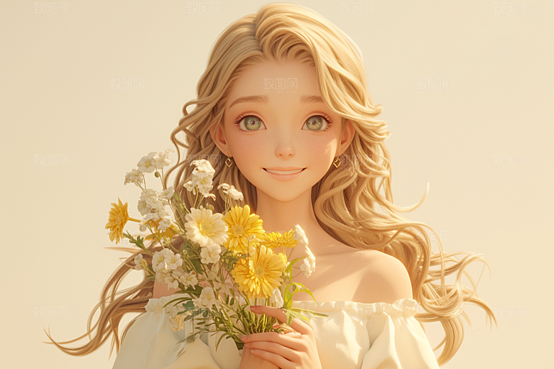 手捧鲜花的少女梦幻肖像素材