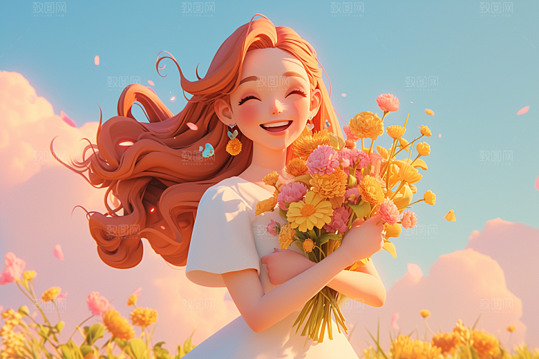 手捧鲜花的少女花朵春天素材