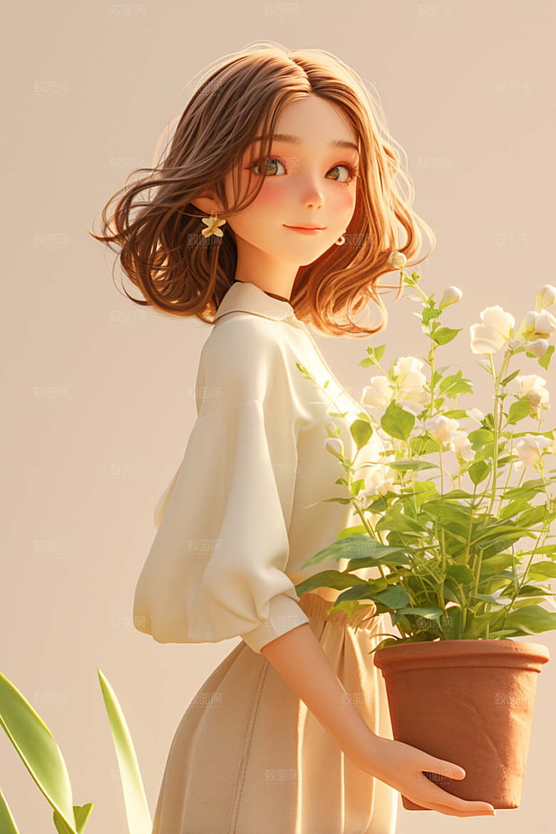 手捧鲜花的少女自然立体素材