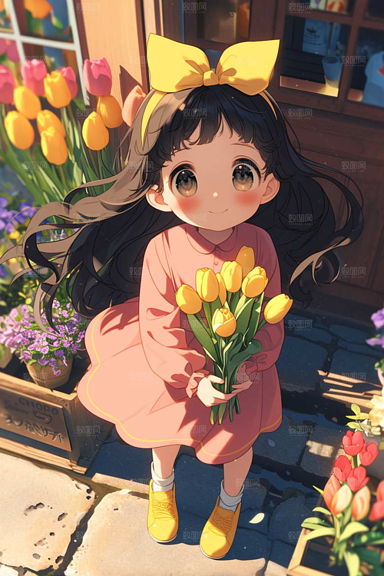 手捧鲜花的少女3D自然素材