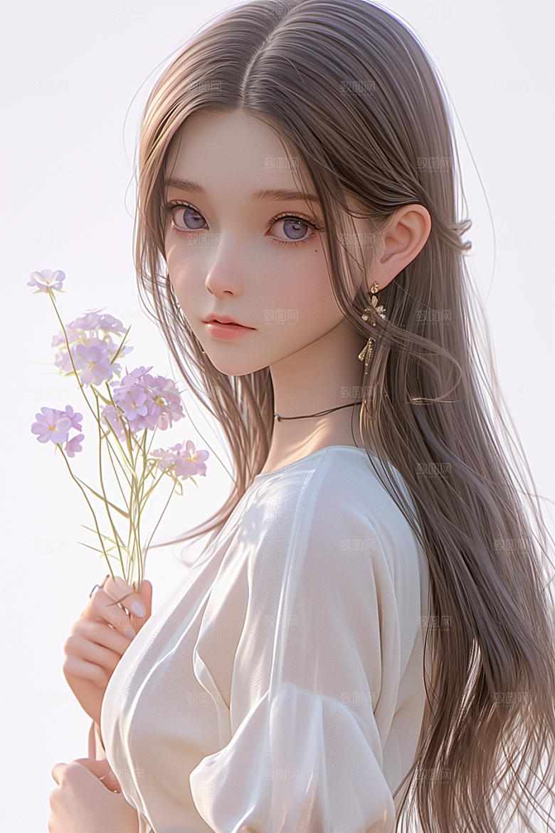 手捧鲜花的少女唯美青春素材