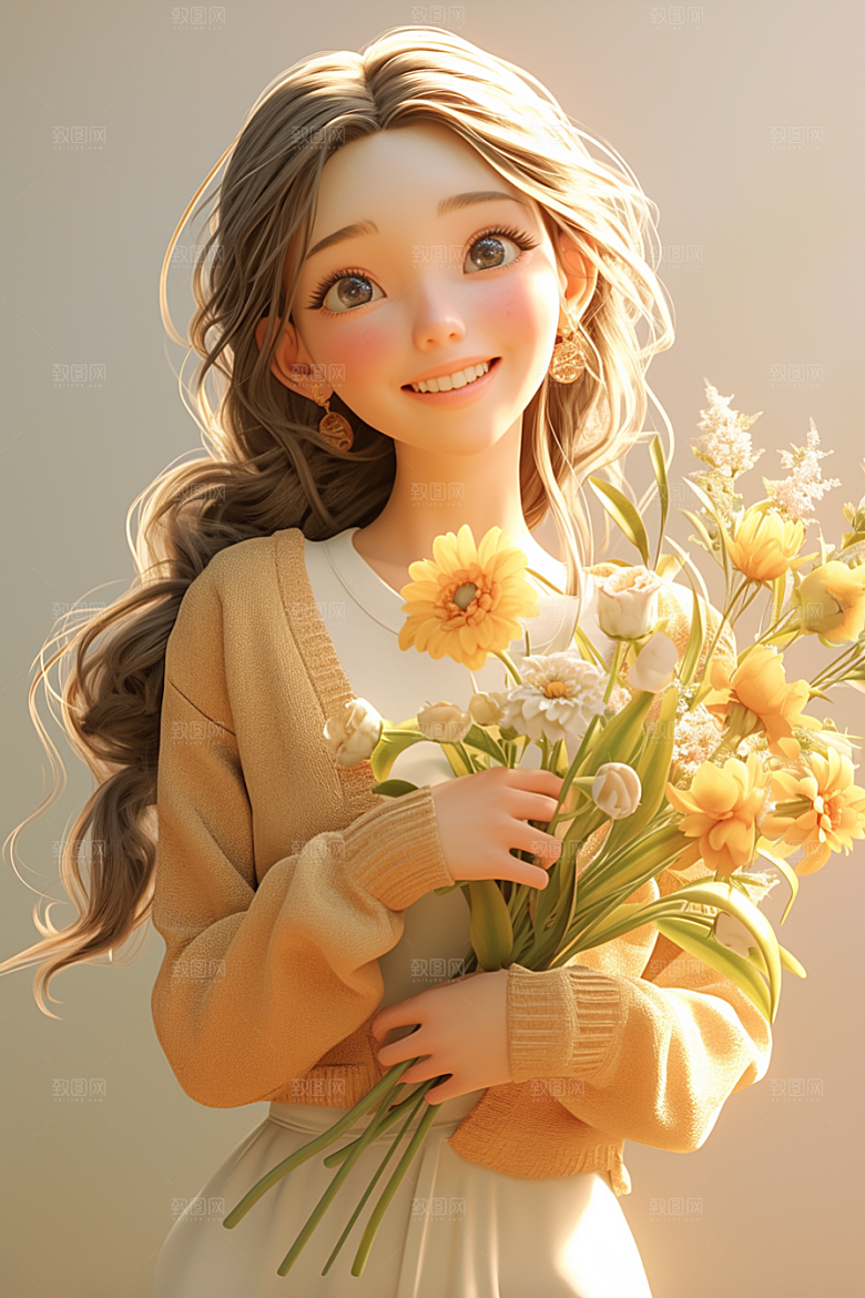 手捧鲜花的少女立体自然素材