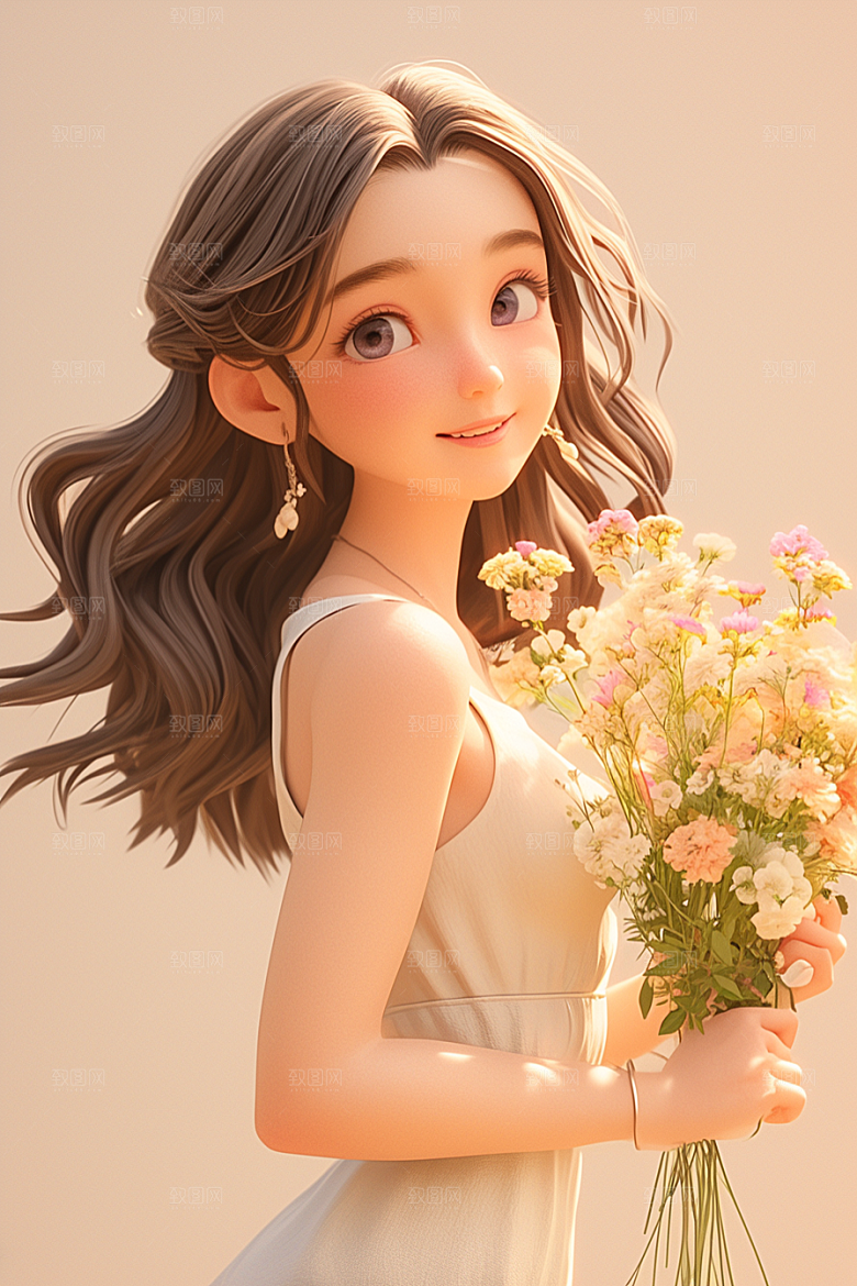 手捧鲜花的少女立体肖像素材