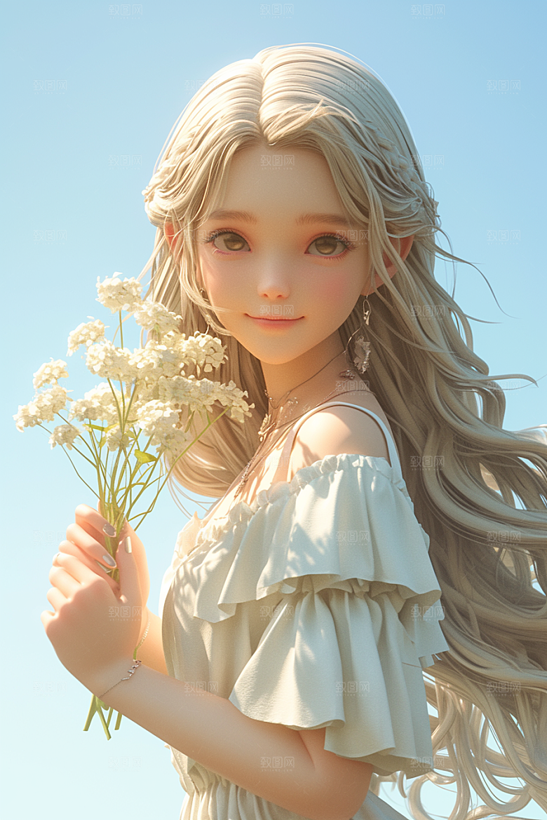 手捧鲜花的少女3D春天素材