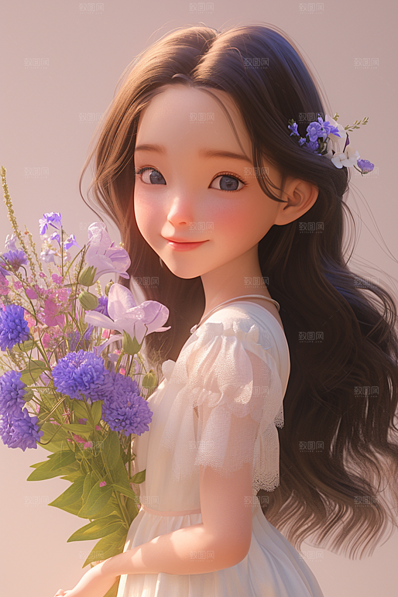 手捧鲜花的少女肖像梦幻素材