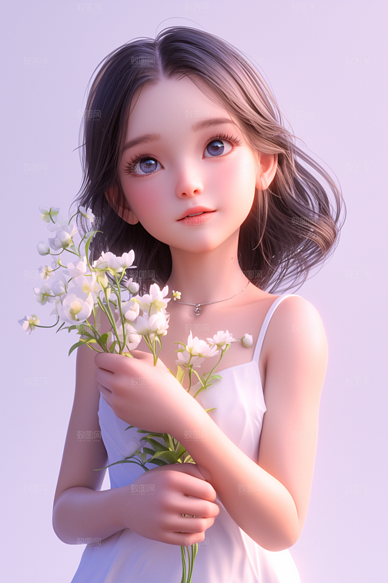手捧鲜花的少女唯美飞舞的裙摆素材