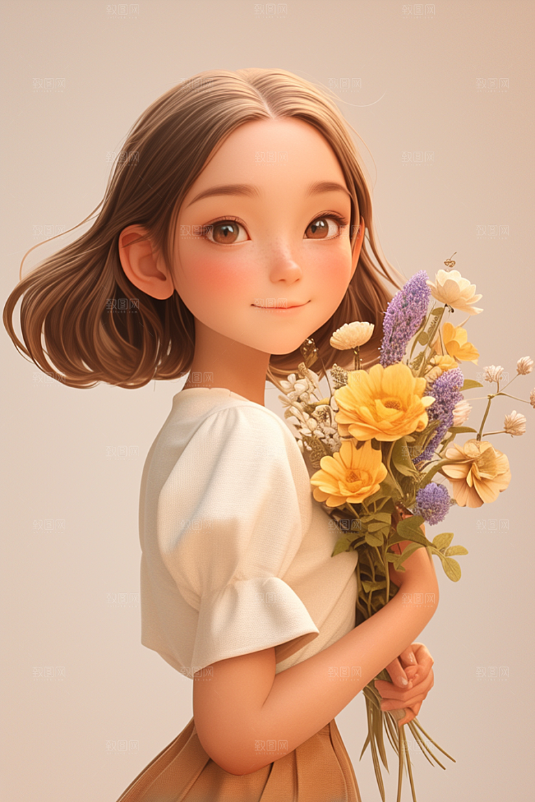 手捧鲜花的少女花朵人物素材