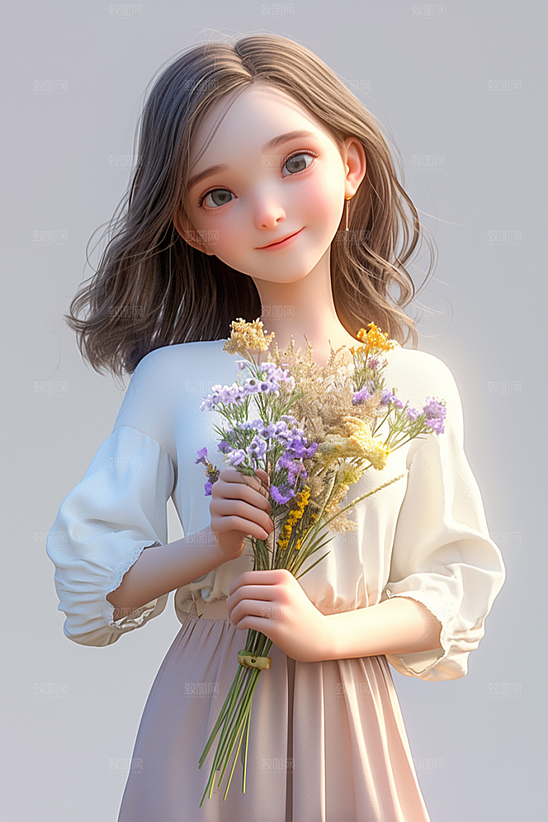 手捧鲜花的少女烂漫飞舞的裙摆素材