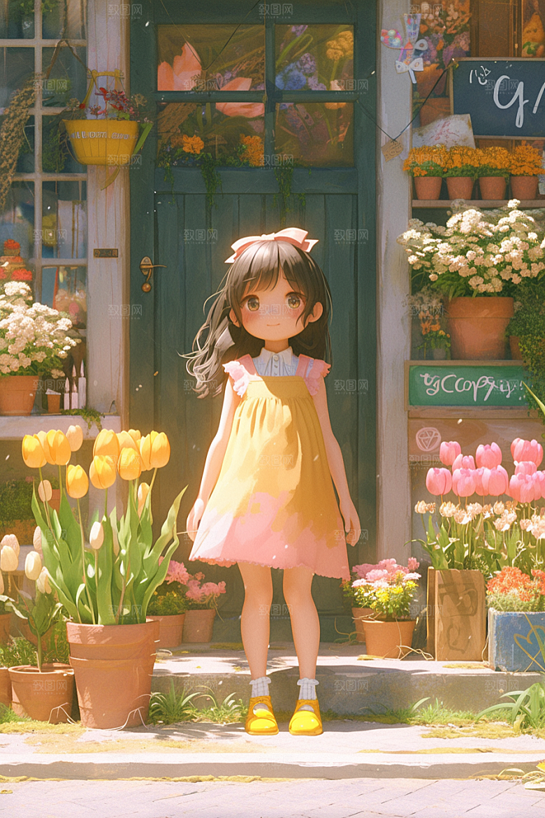 手捧鲜花的少女立体唯美素材