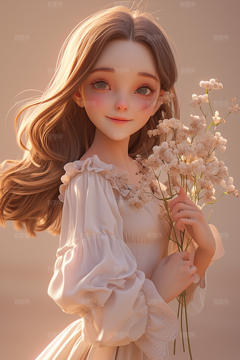 手捧鲜花的少女青春3D素材