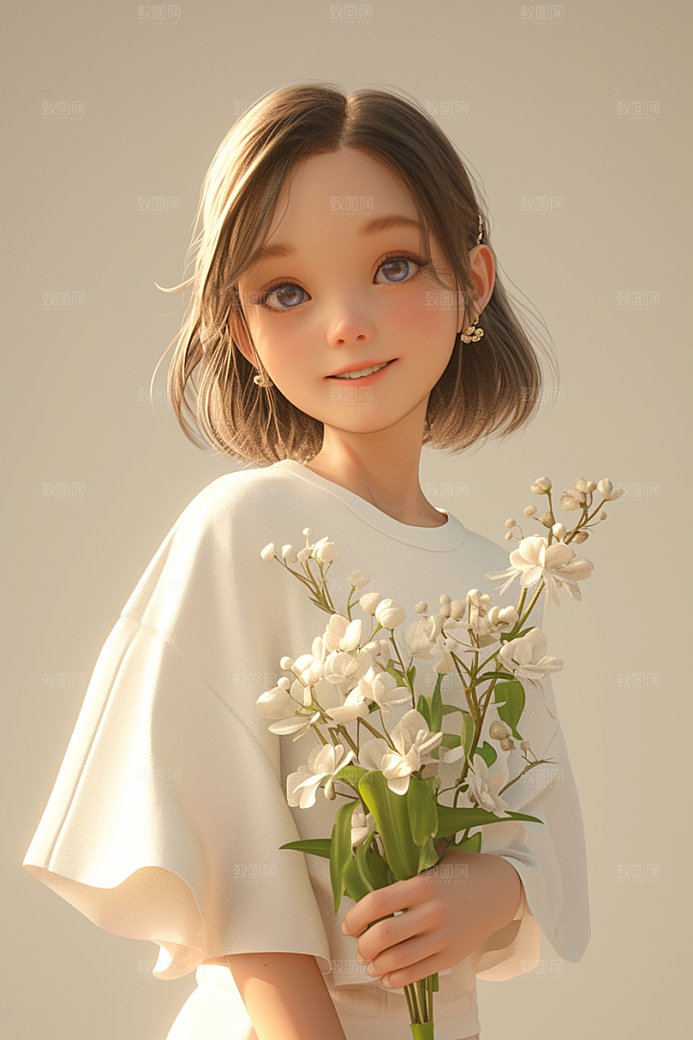 手捧鲜花的少女烂漫青春素材