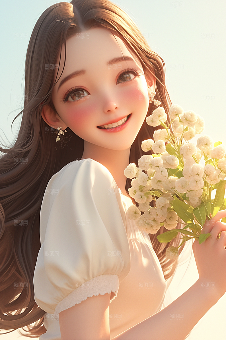 手捧鲜花的少女模型人物素材