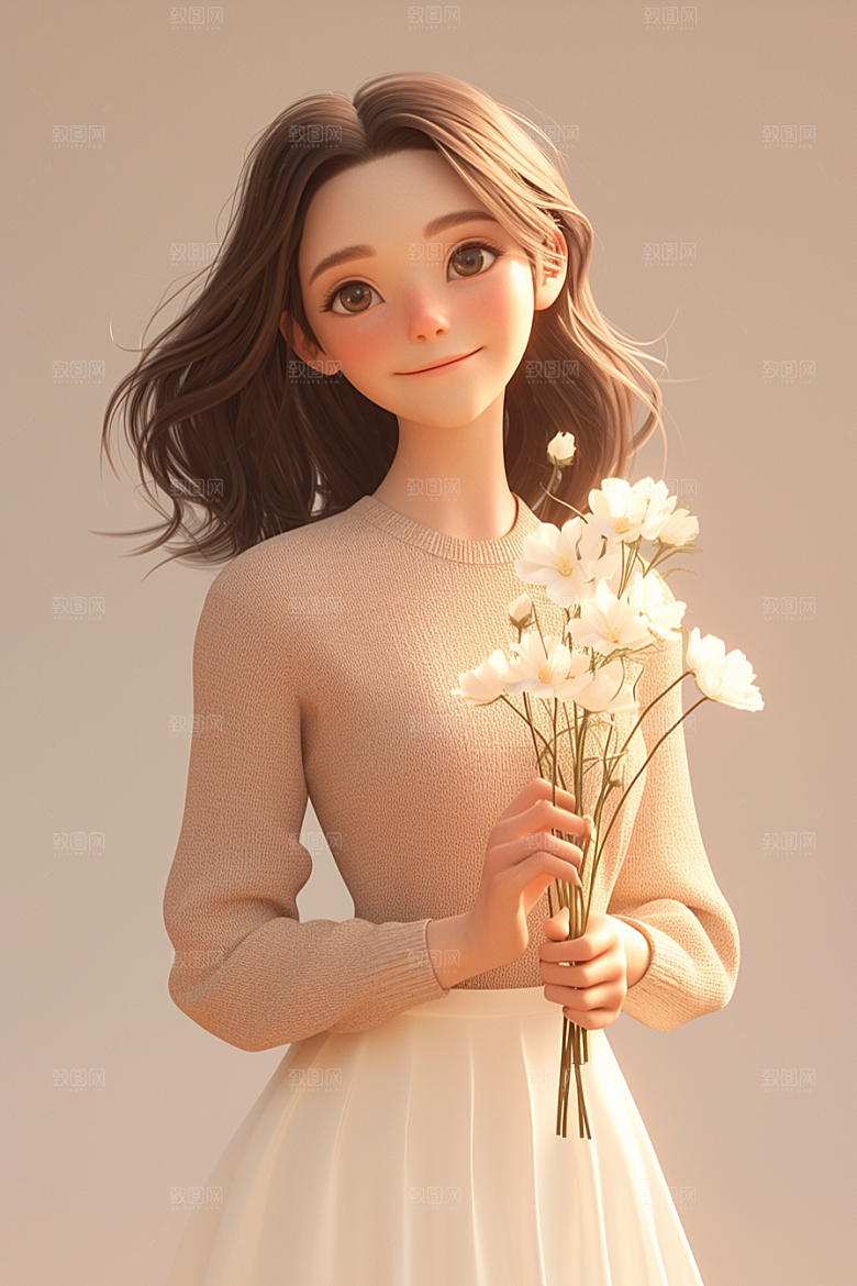手捧鲜花的少女唯美人物素材