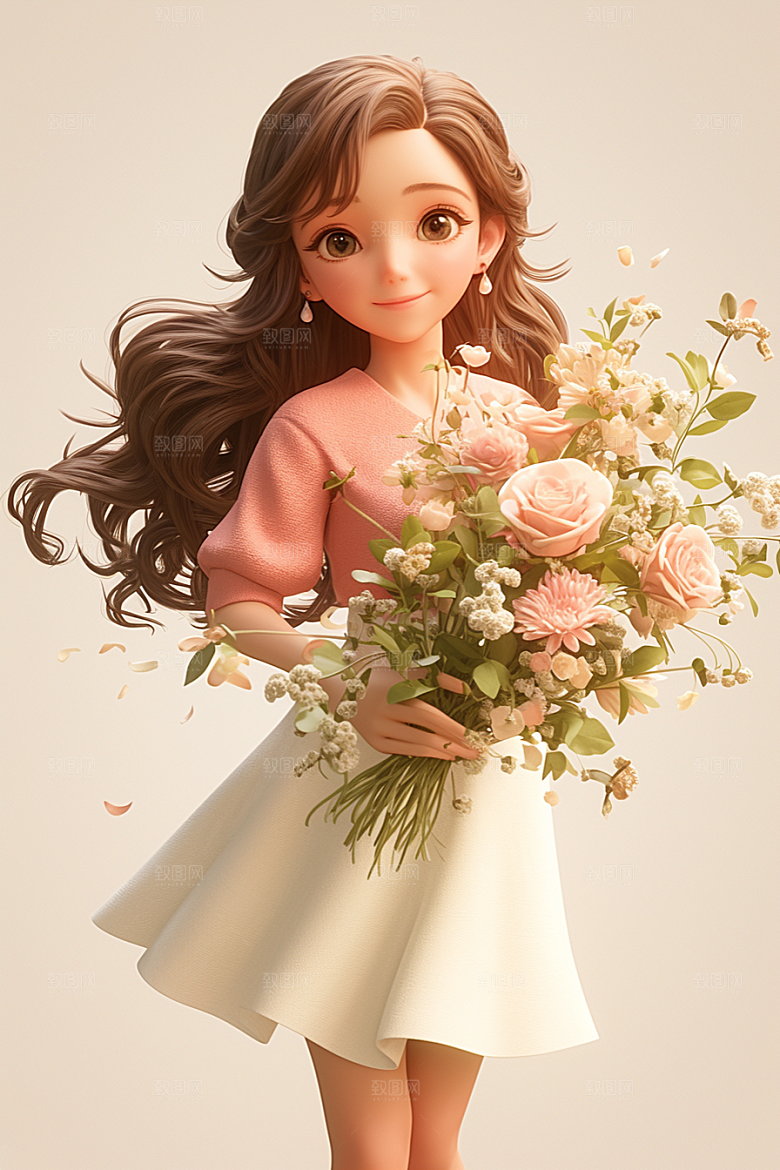 手捧鲜花的少女烂漫肖像素材