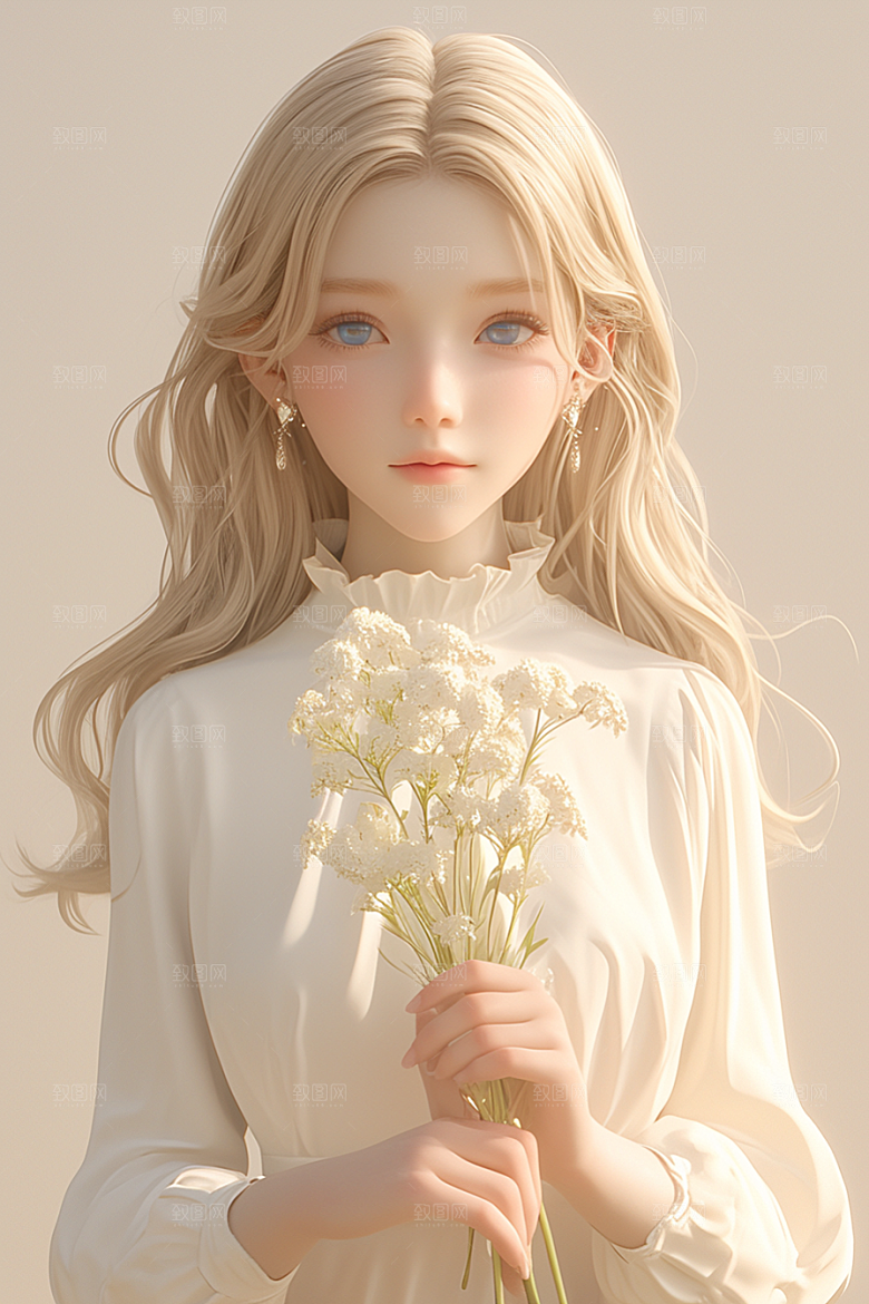 手捧鲜花的少女唯美烂漫素材