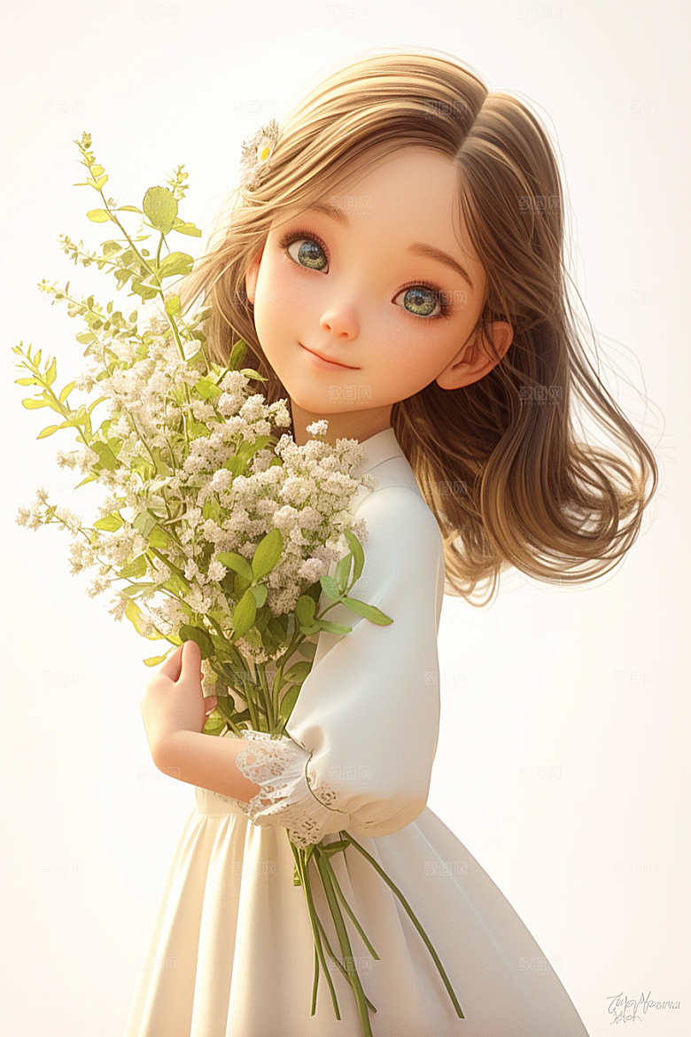 手捧鲜花的少女清新立体素材