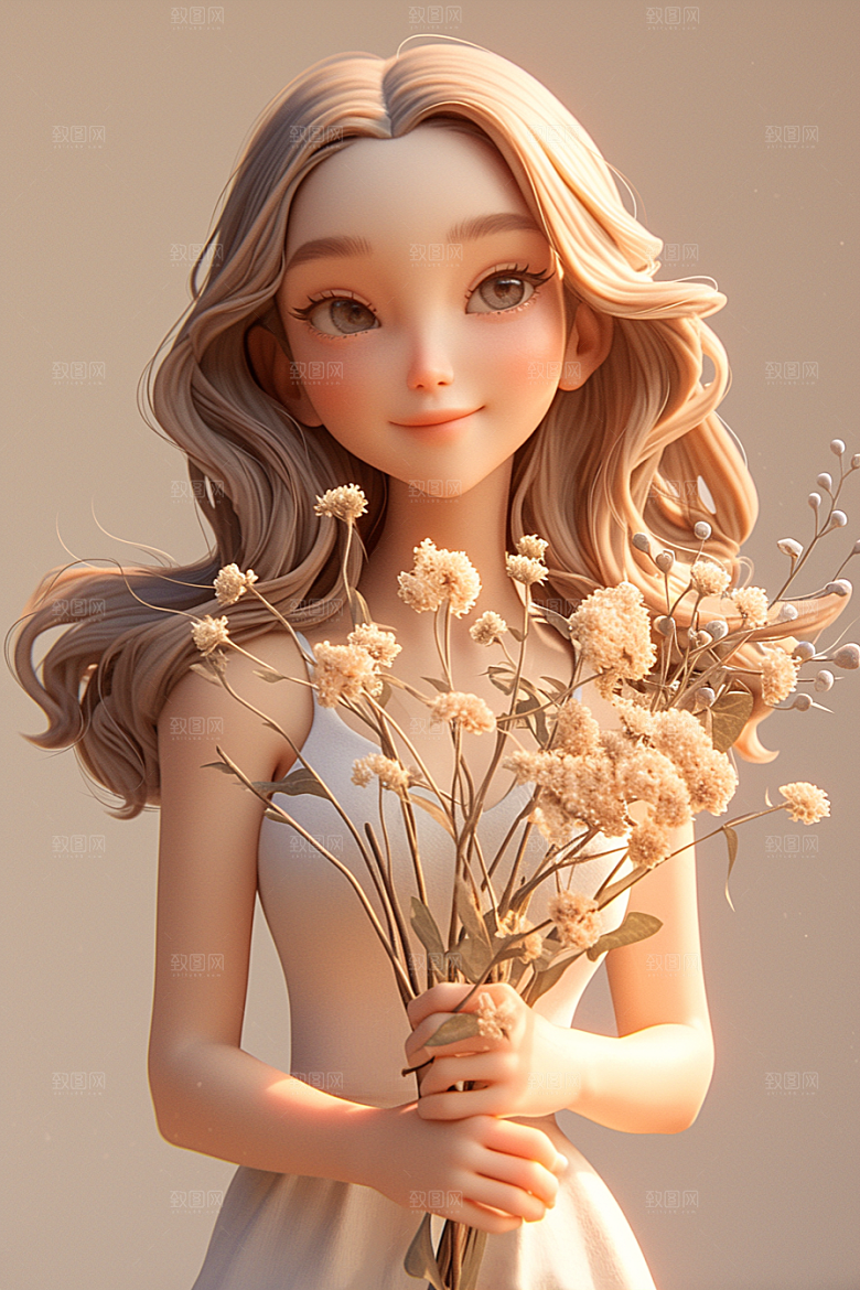 手捧鲜花的少女唯美花朵素材