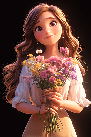 手捧鲜花的少女立体春天素材