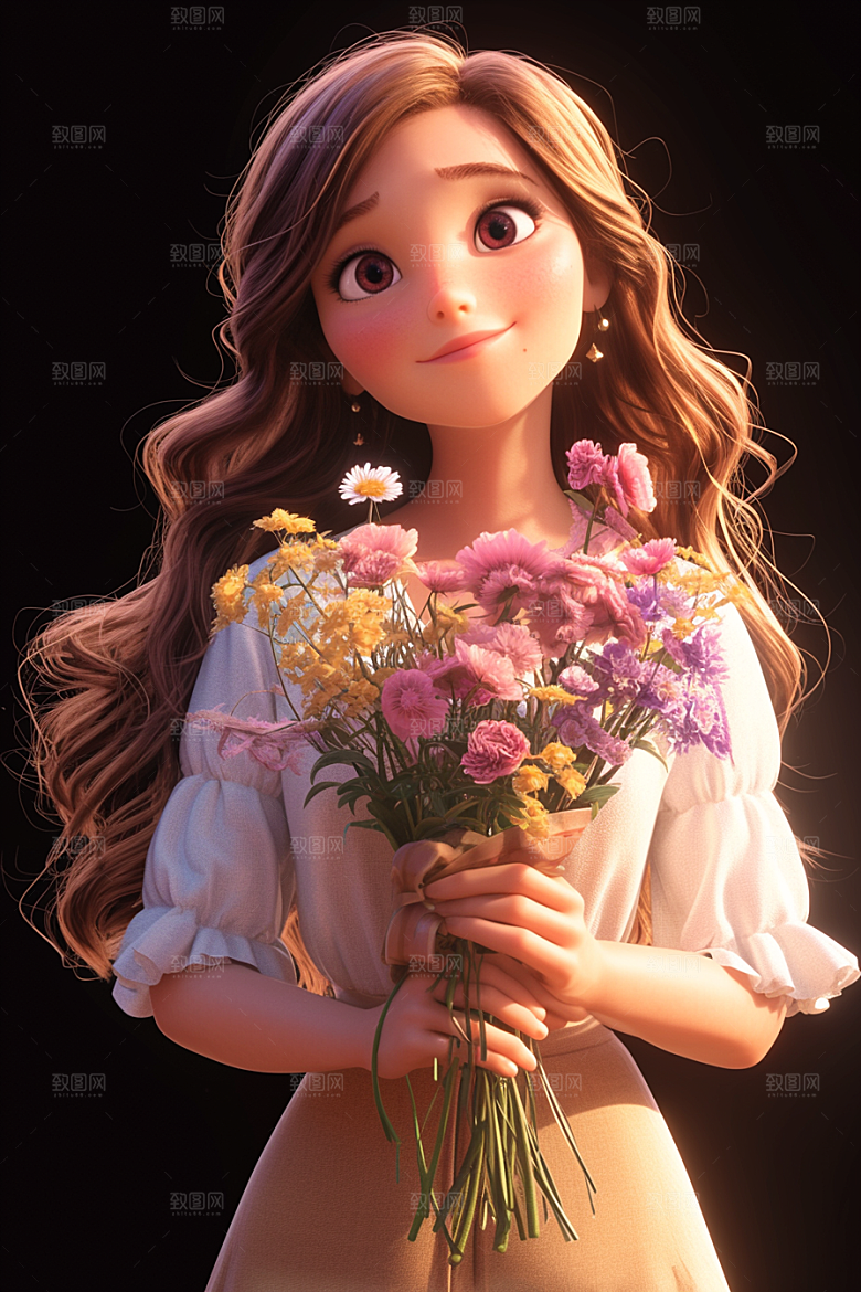 手捧鲜花的少女立体春天素材