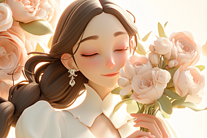 手捧鲜花的少女唯美烂漫素材