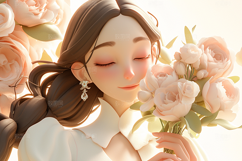 手捧鲜花的少女唯美烂漫素材