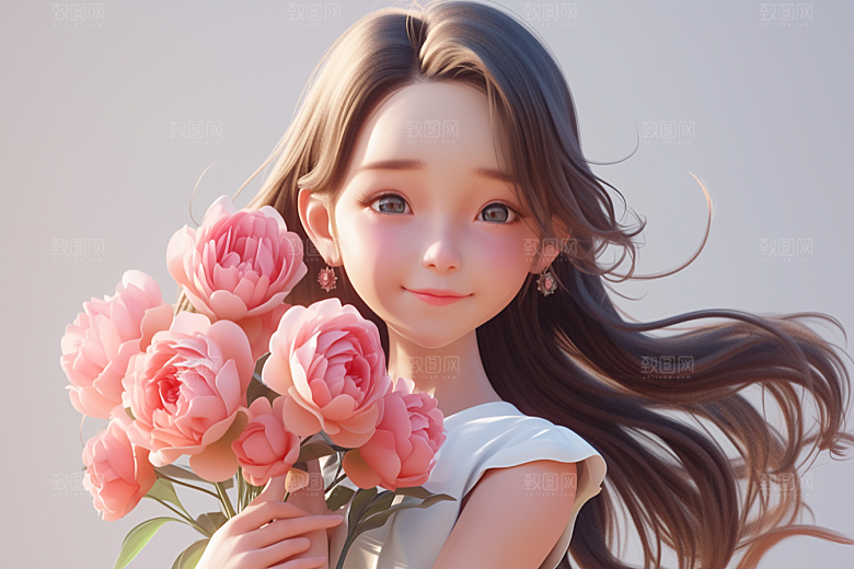 手捧鲜花的少女花朵飞舞的裙摆素材