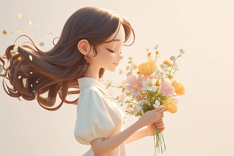 手捧鲜花的少女烂漫花朵素材