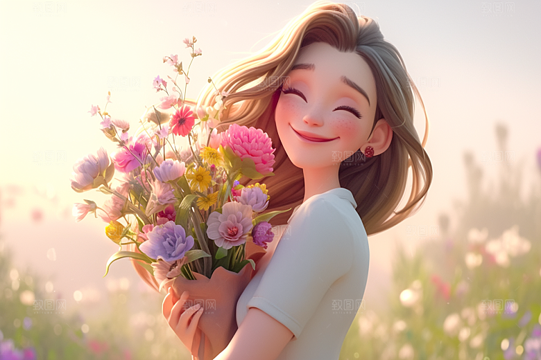 手捧鲜花的少女3D清新素材
