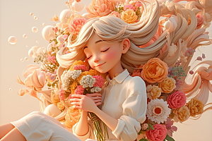 手捧鲜花的少女飞舞的裙摆立体素材