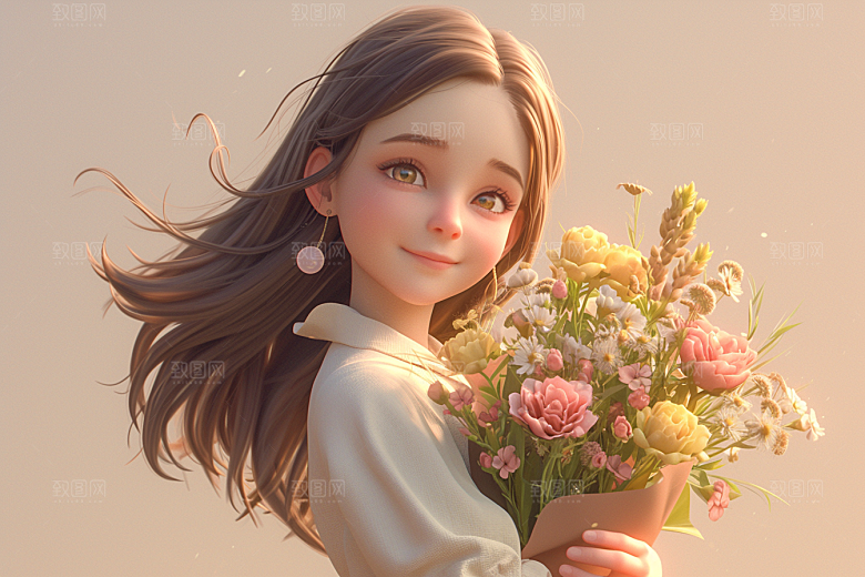 手捧鲜花的少女春天人物素材