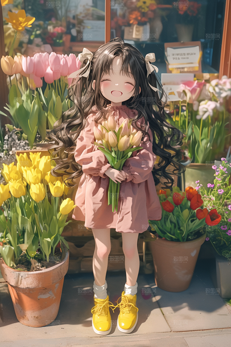 手捧鲜花的少女模型3D素材