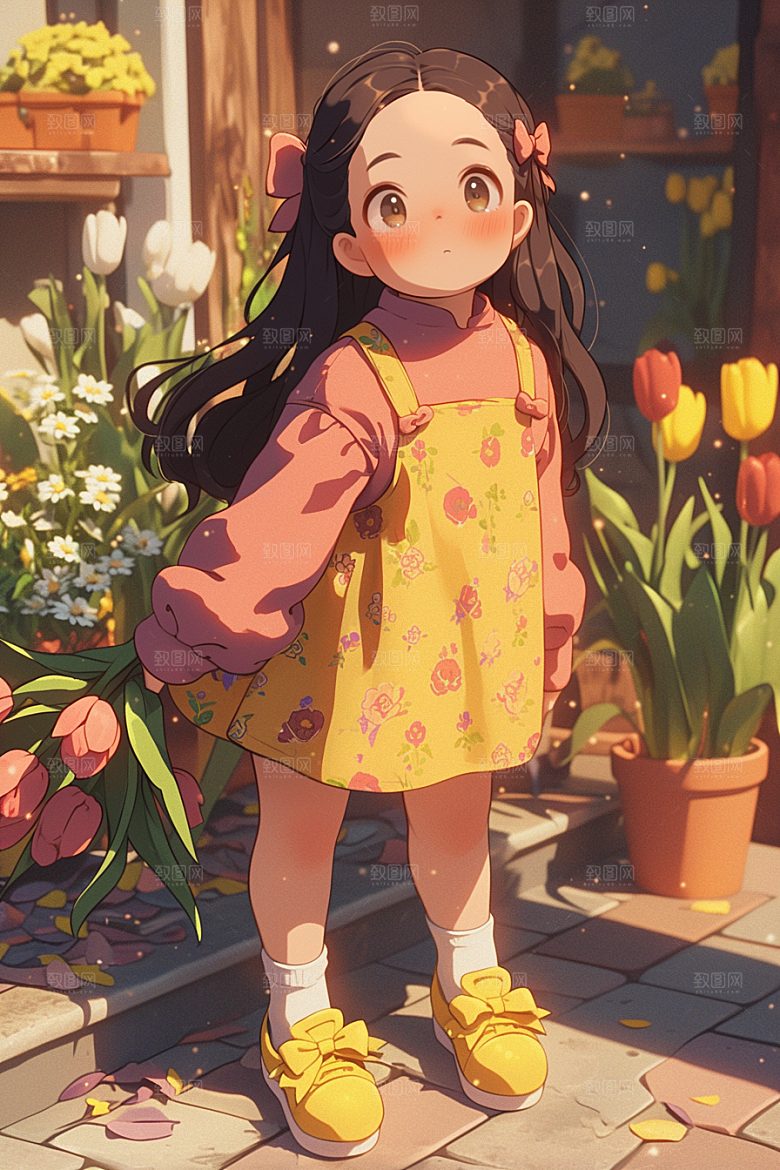手捧鲜花的少女青春唯美素材