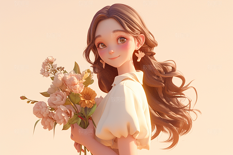 手捧鲜花的少女3D立体素材