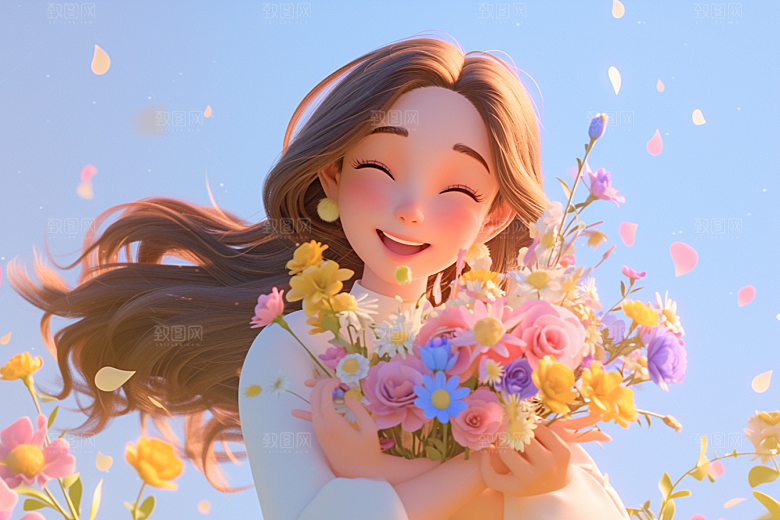 手捧鲜花的少女唯美飞舞的裙摆素材