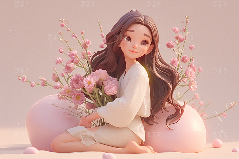 手捧鲜花的少女立体肖像素材