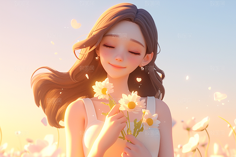 手捧鲜花的少女自然青春素材