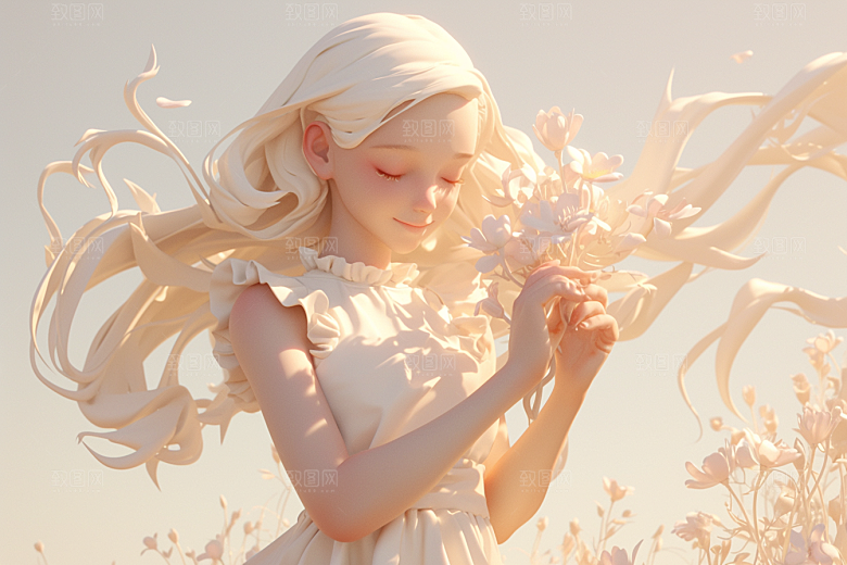 手捧鲜花的少女春天烂漫素材