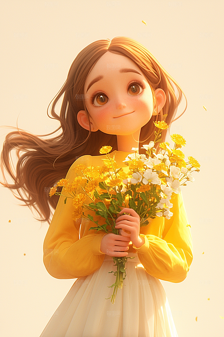 手捧鲜花的少女人物烂漫素材