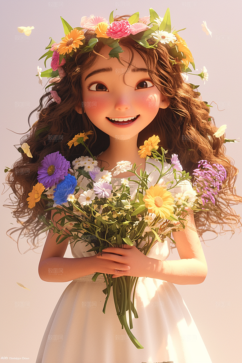 手捧鲜花的少女清新立体素材