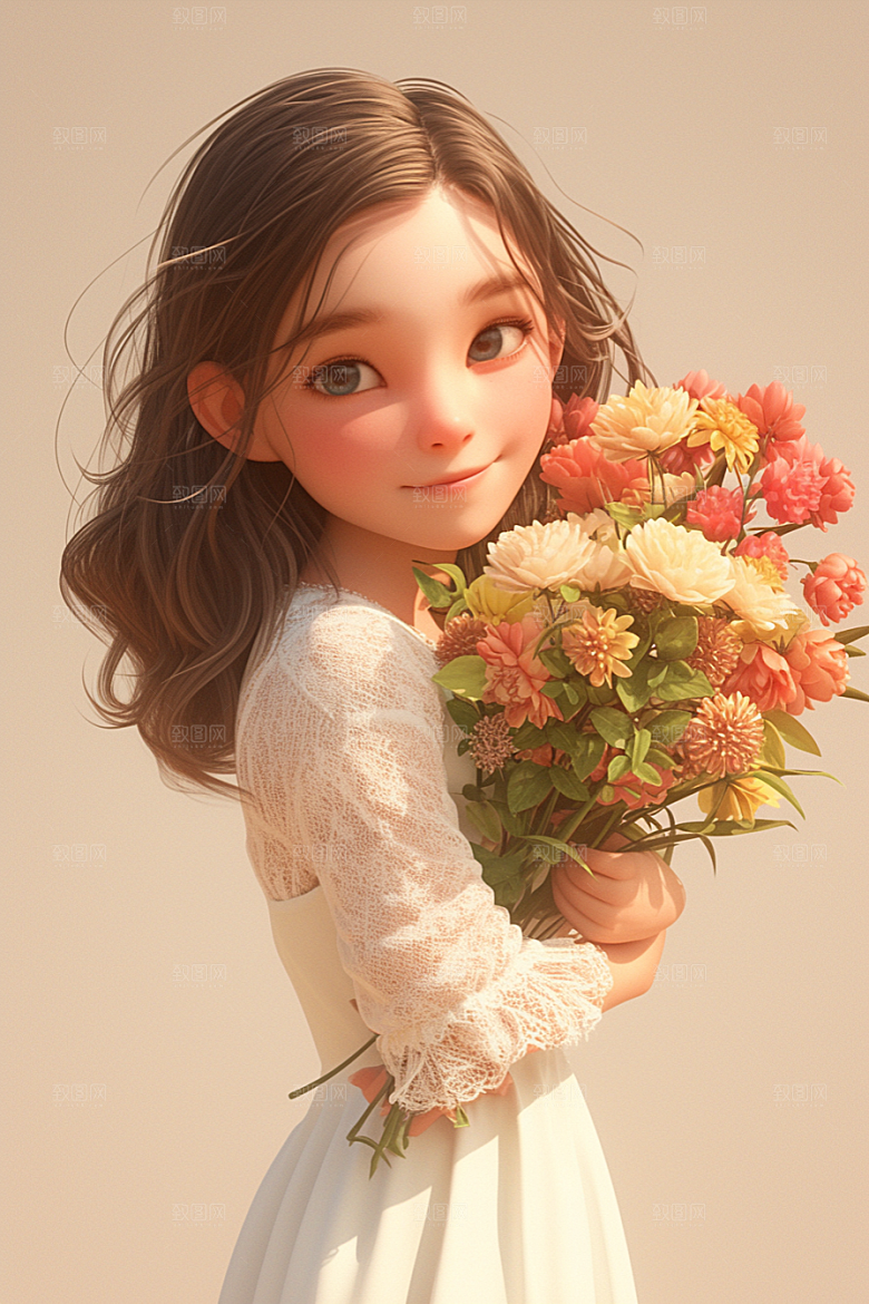 手捧鲜花的少女春天肖像素材