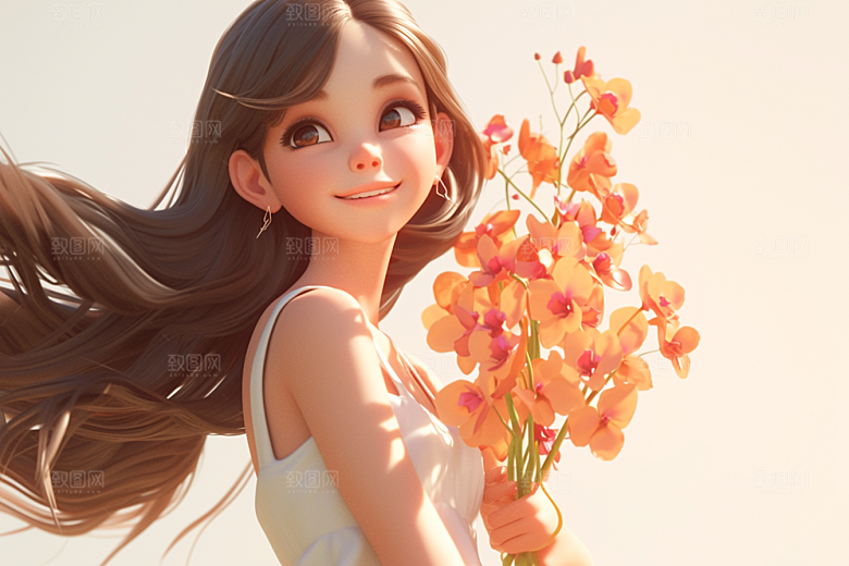 手捧鲜花的少女立体烂漫素材