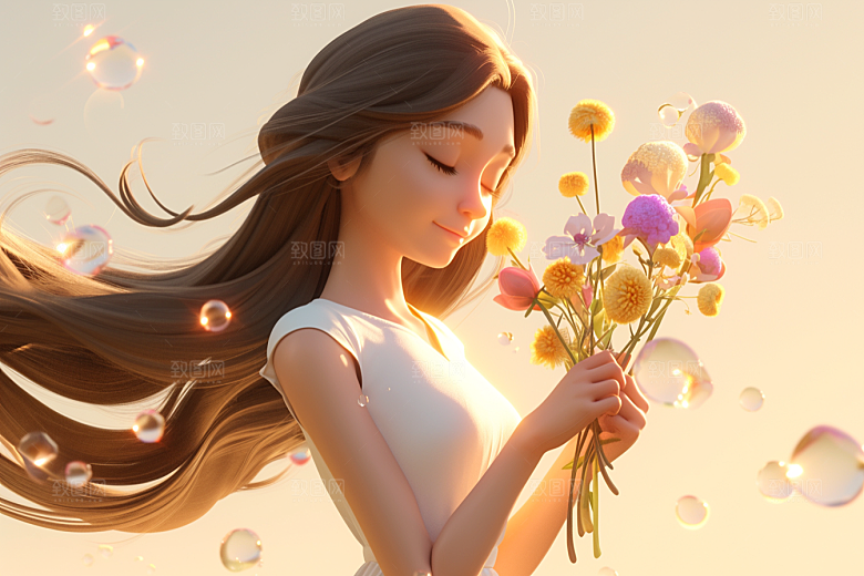 手捧鲜花的少女自然立体素材