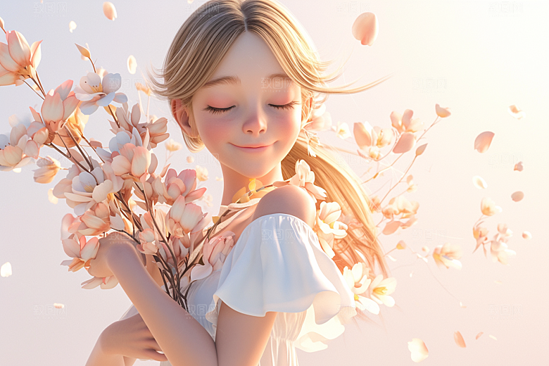 手捧鲜花的少女青春梦幻素材